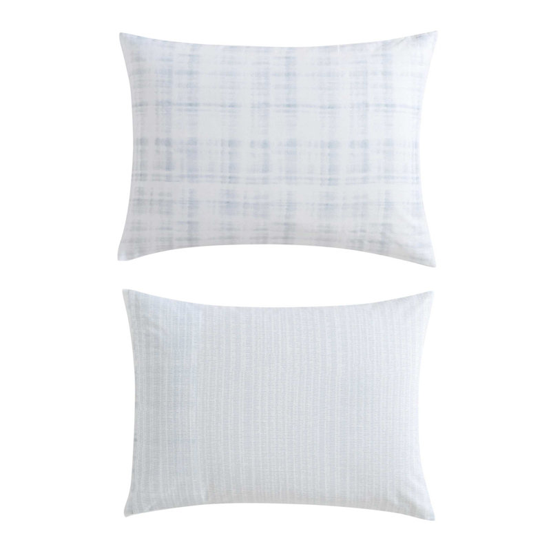 Vera Wang Blurred Plaid Cotton Reversible Blue Duvet Cover Set, King Duvet Cover + 2 King Shams