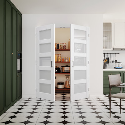 Interior 5-Lite Frosted Glass Door, CARB P2 MDF & SGCC Tempered Glass French Doors, Includes Frame & Matte Black Hardware-Ball Catches & Hinges & Handles, Pre‑Finished & Waterproof, Pantry, Bedroom, Bathroom & Closet, Easy DIY Stain, 56"x 80"