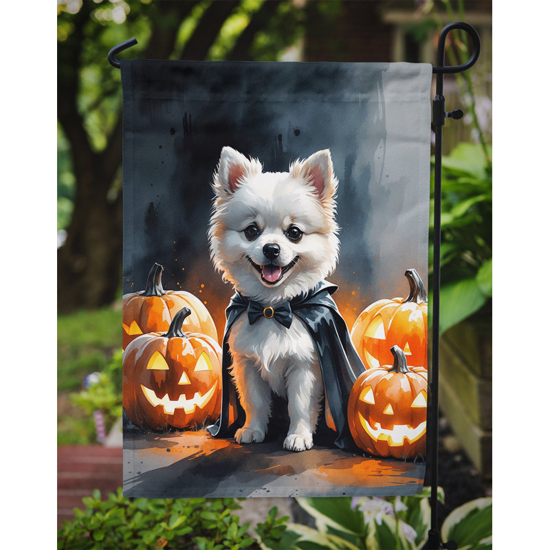 Drapeau de jardin chiot Halloween, Poméranien blanc