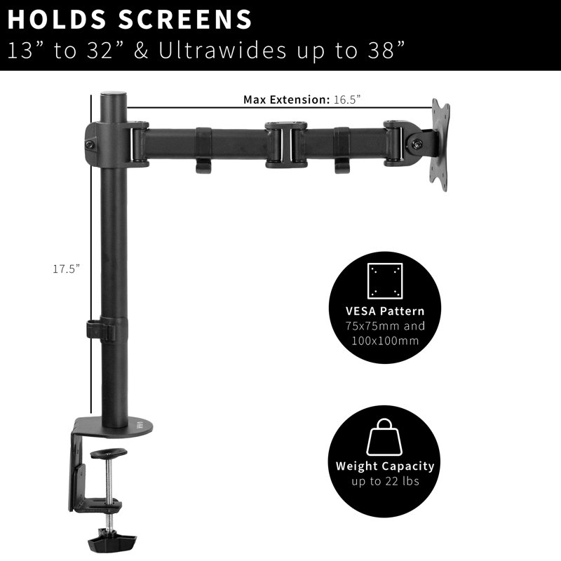 Black Adjustable Single Monitor Desk Mount with Cable Management