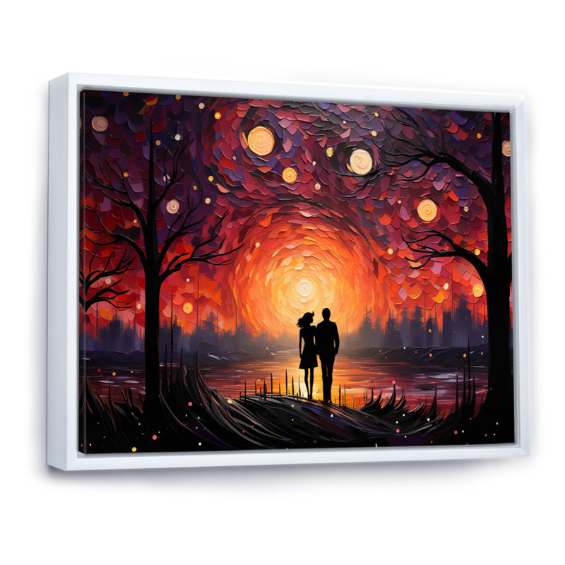 Abstrait couple romantique pointilisme paysage, Cadre flottant blanc, H 24 po x l 32 po x P 1 po