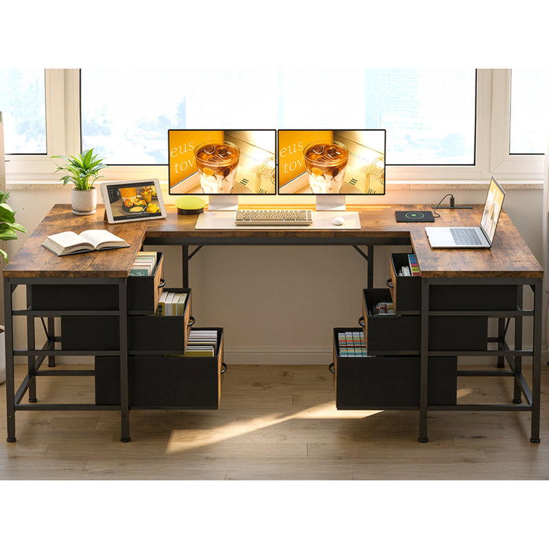 Bureau d'ordinateur en forme de U de 66,9 po avec 6 tiroirs en tissu et grand bureau, bureau d'ordinateur avec multiprise intégrée et bande lumineuse à DEL réglable, bureau robuste pour le bureau à domicile