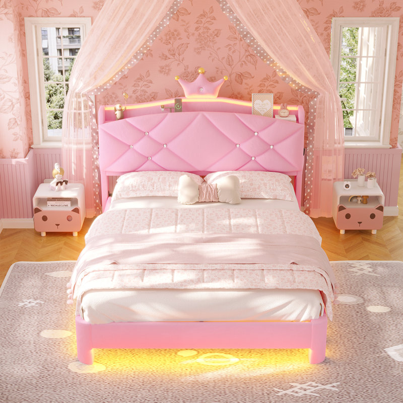 Crown-Style Velvet Upholstered Platform Storage Bed with LED Light Kids Bedroom Furniture, Pink, Full