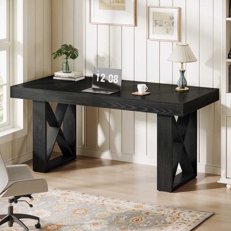 63'' Farmhouse Computer Desk with Thick Wood Top for Home Office, Black