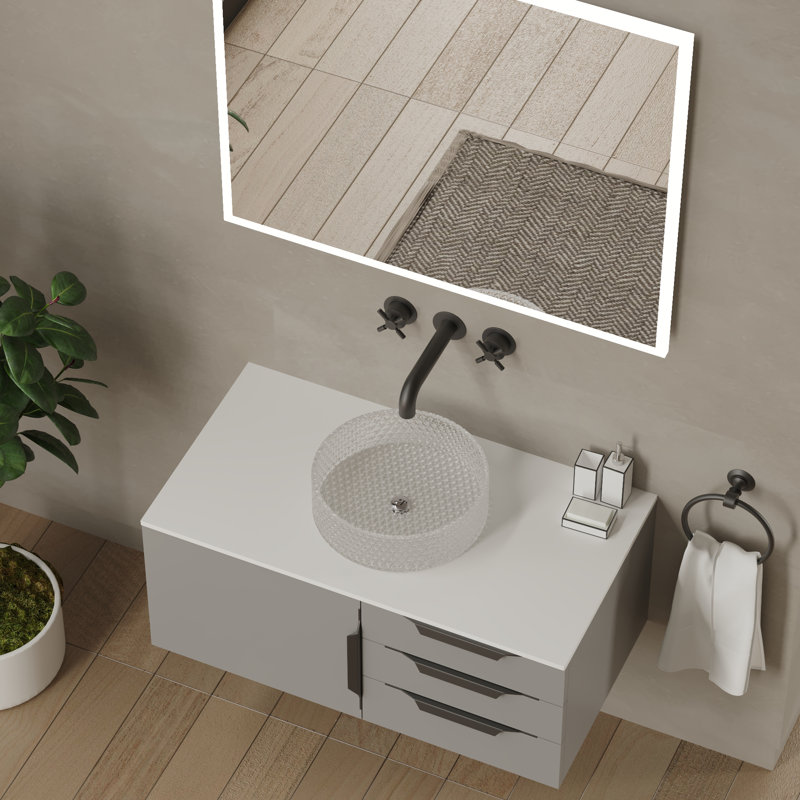 Wildsee 36" Floating Single Bathroom Black Vanity Set With Pink Tempered Glass Vessel Sink, Clear, Gray