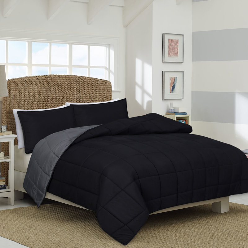 3-Piece Microfiber/Polyester Comforter Set, King, Black/Gray