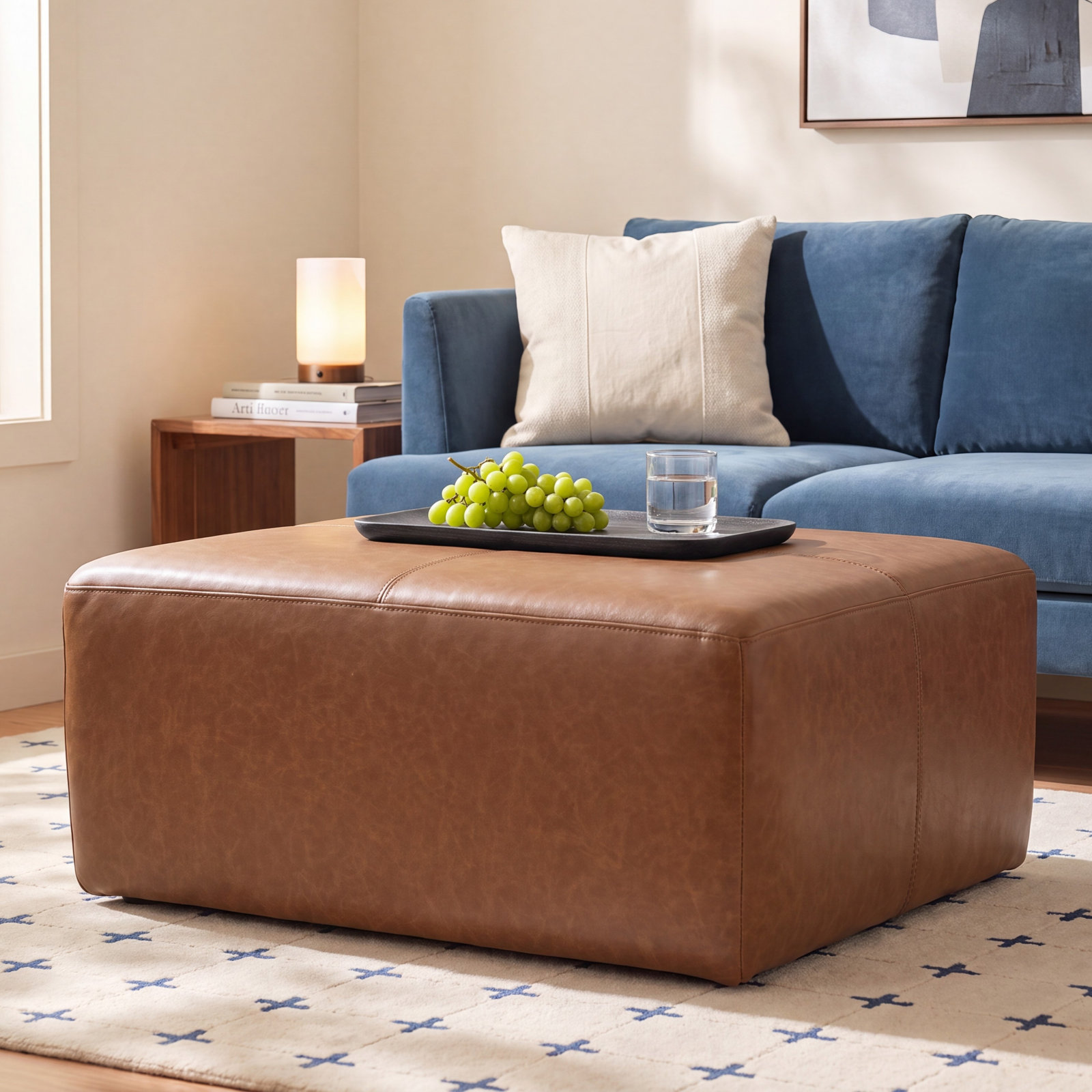 35" Genuine Leather Ottoman, Cognac Genuine Leather