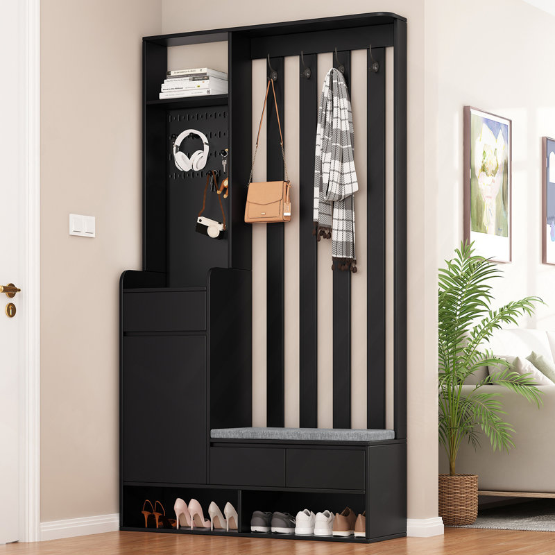 Rangement avec banc de rangement rembourré, armoire à chaussures multifonctionnelle avec panneau perforé, portemanteau moderne avec 4 crochets pour l'entrée, vestibule, noir