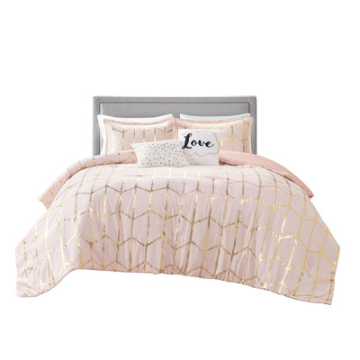 Édredon rosé et doré pour lit simple / simple TG avec coussins brodés dorés