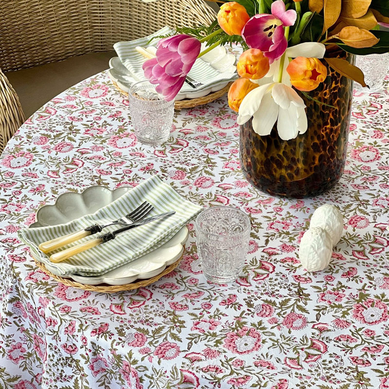 Beatrice Round Tablecloth - Pink And Green, 70" Round