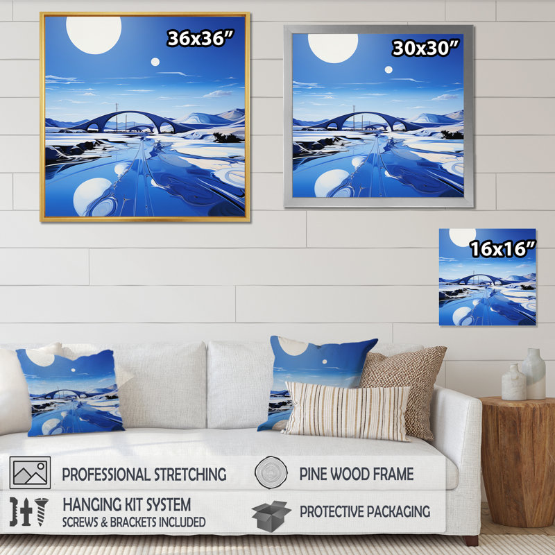 " Blue Modern Bridge Scenery II ", 24" H x 24" W x 1" D, Gold Floater Framed