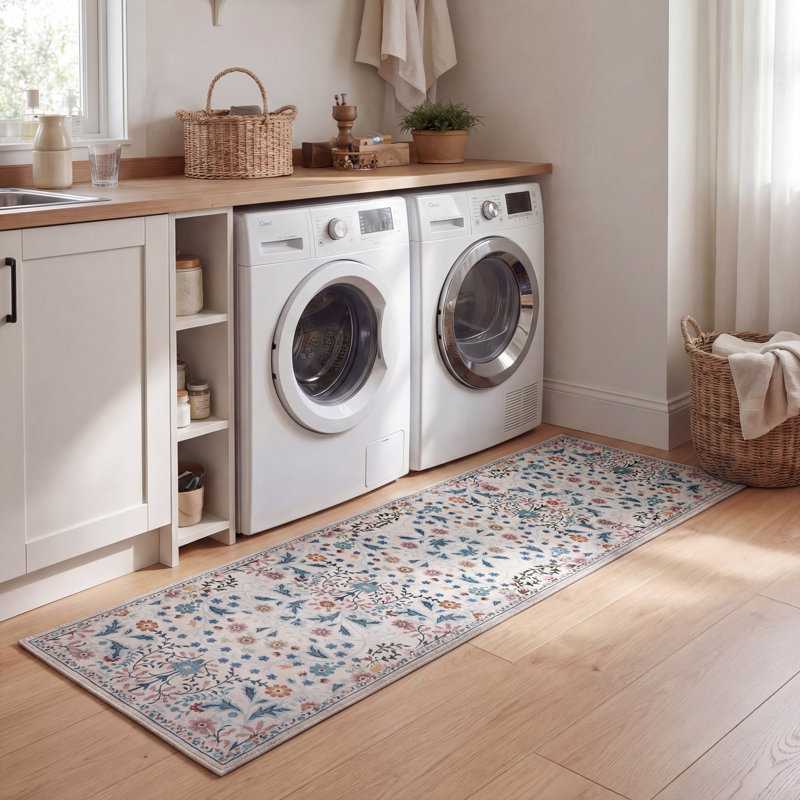 Primrose Art Nouveau Floral Border Machine-Washable Rug, Cream/Turquoise, Runner 2' x 8'