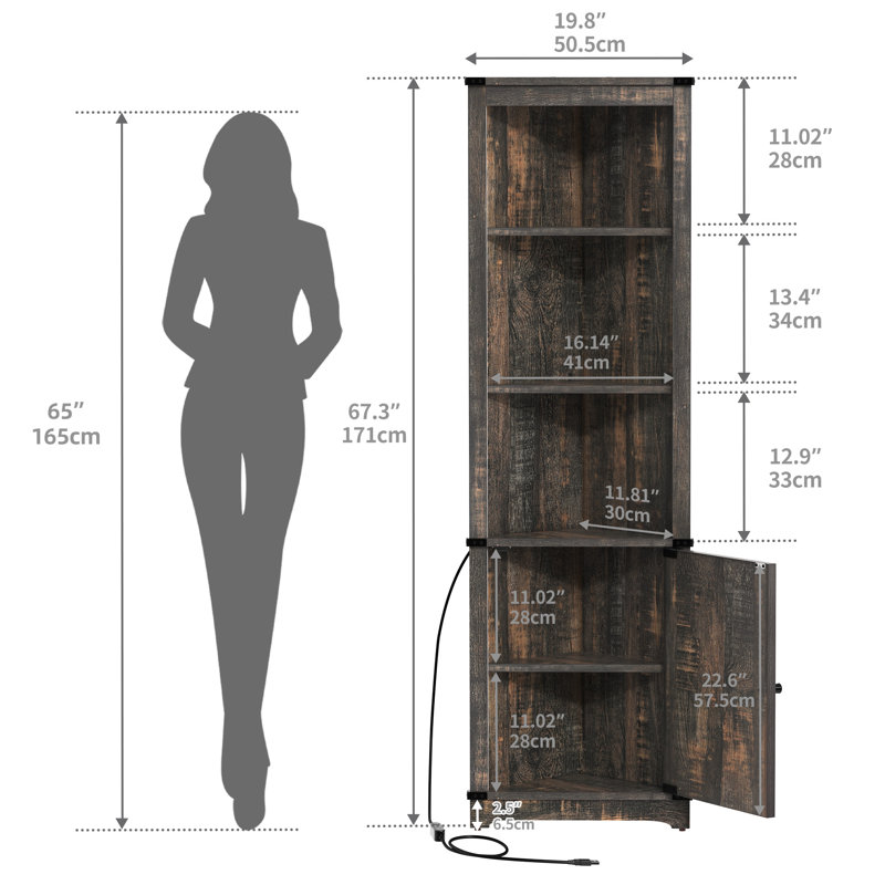 Aspenn 67" H Corner Bookcase with LED Light, Corner Storage Cabinet with Adjustable Shelf, Retro Wood