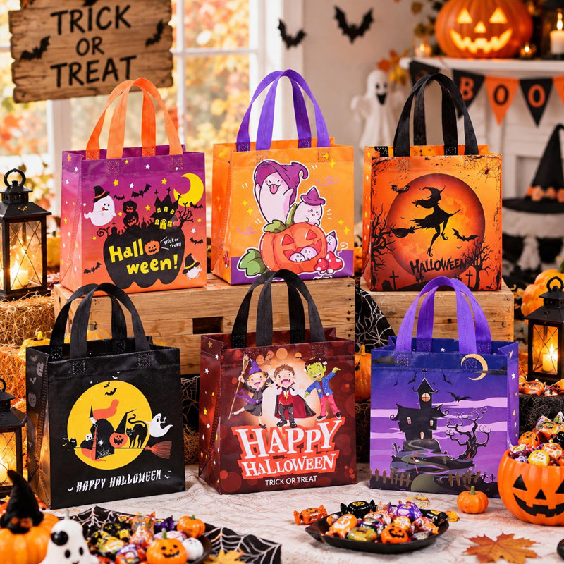Sacs à gâteries d'Halloween réutilisables non tissés avec poignées pour enfants