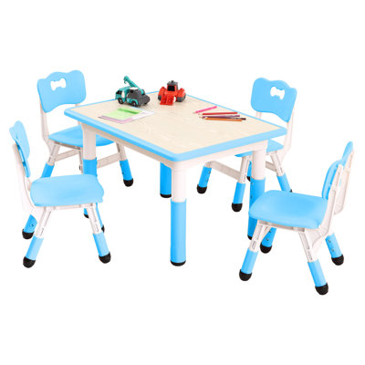 Height Adjustable Kids Table and 4 Chairs Set, 31.5" Toddler Activity Table with Graffiti Desktop, Non-Slip Legs Foldable Play Table for Ages 2-10