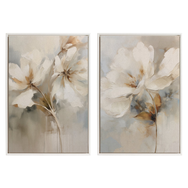 Abstract Botanical Floral Linen Painting 1 and 2 by The Creative Bunch Studio Framed Canvas Wall Art Set, White