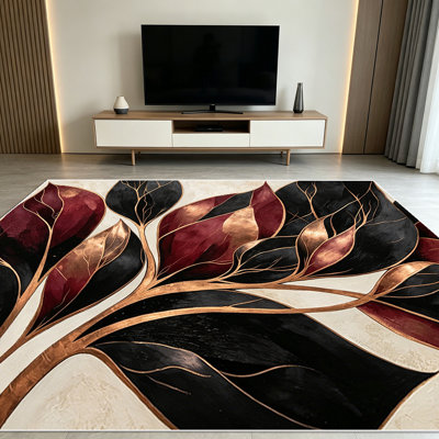 1PC Burgundy Black Gold Metallic Leaf Abstract Botanical area rugs for Living Room, Soft and Comfortable, Suitable for all seasons, easy-to-maintain, machine washable Indoor floor mat, Under Table Farmhouse suitable for dining room, bedroom,