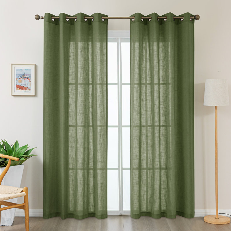 Vollmar Linen Blended Grommet Semi-Sheer Curtain Pair, 52" W x 96" L, Olive Green
