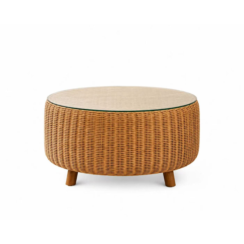  Round Drum Coffee Table, Handwoven Natural Seagrass with Glass Top, Wood Legs