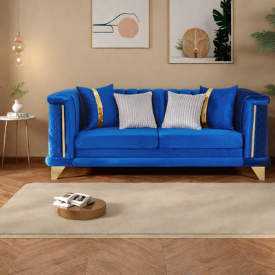 Luxury Blue Sofas, 89 Inch Velvet Steel Trim Modern Couch for Home