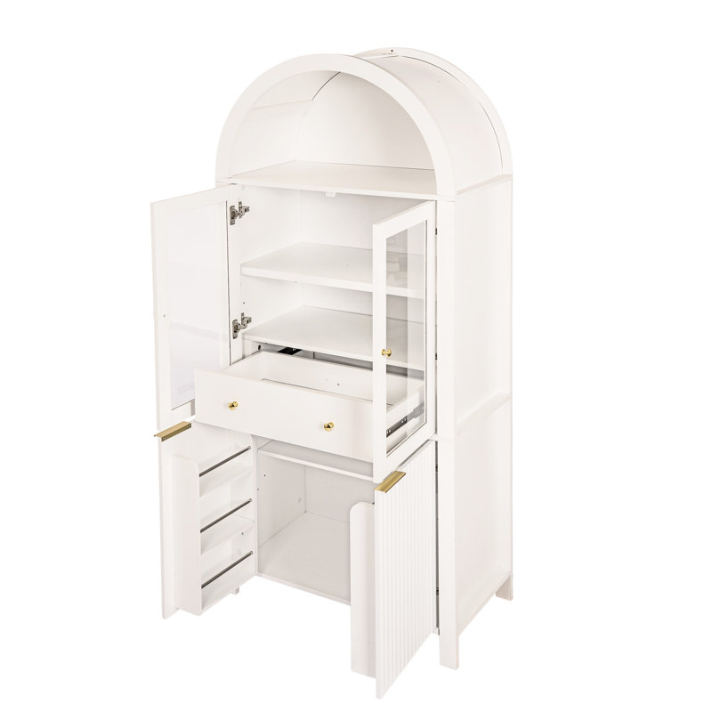 71" Fluted Tall Arched Pantry Cabinet In White, Offering Storage For Kitchen, Living Room, And Dining Adjustable Shelves, Hidden Drawer, Metal Handles Cabinet, Drawer Slides, - Tip Kits