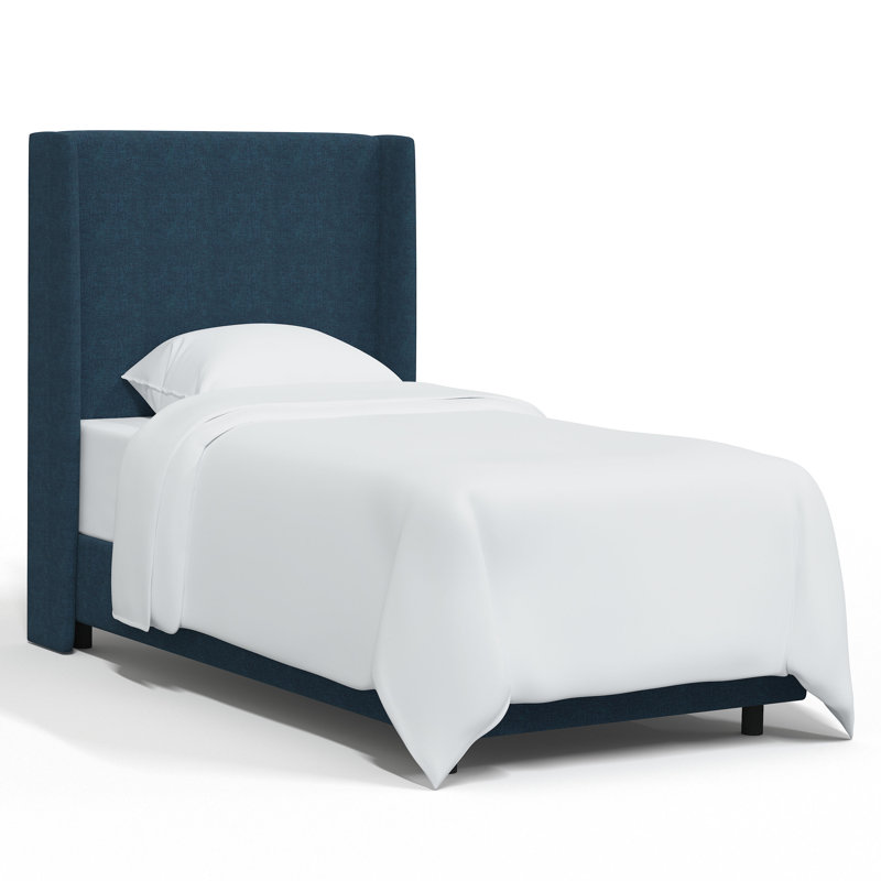 Lit tapissier standard à profil bas, Lin texturé bleu marine Zuma, Simple