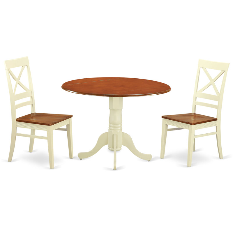 3 Piece Dining Room Furniture Set Contains a Round Kitchen Table with Dropleaf and 2 Dining Chairs, Buttermilk & Cherry