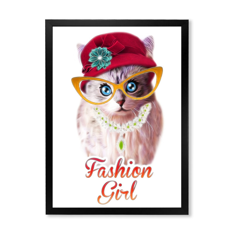 Hipster, chat amusant avec chapeau - décoration murale pour enfants, art sur toile, Toile avec cadre noir