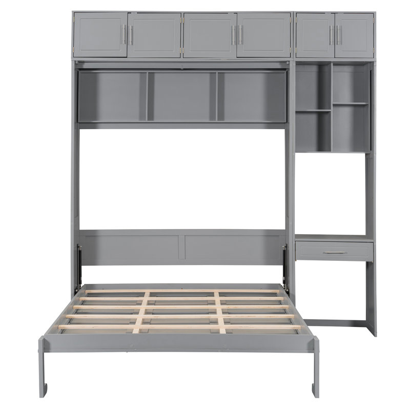 Lit escamotable mural peu encombrant avec bureau, armoires supérieures et tablettes de rangement pour petits appartements