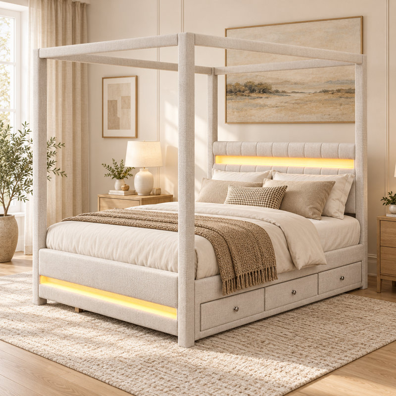 Lit plateforme Trundelle Queen à baldaquin capitonné beige avec lit gigogne simple, 3 tiroirs de rangement, tête de lit rembourrée, deux bandes DEL à la tête et au pied de lit, cadre à baldaquin