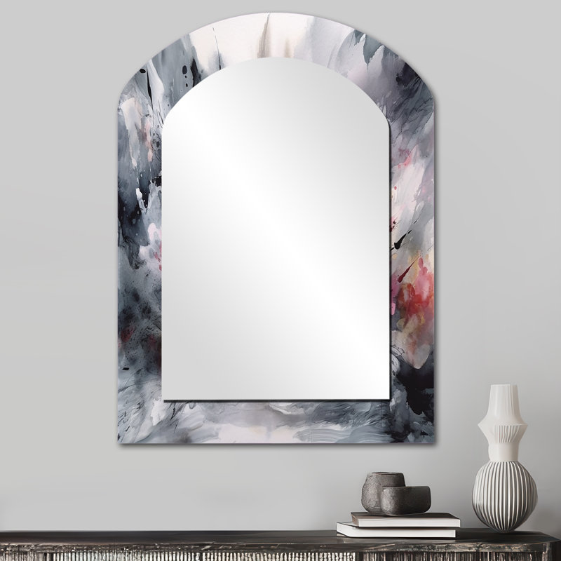 Evolving In Pink Grey Gray Ink II - Miroir décoratif en arc abstrait sur métal, 34 po x 25 po