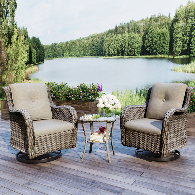 Ensemble de conversation pivotant en osier pour 2 personnes avec coussins Blalock, Beige