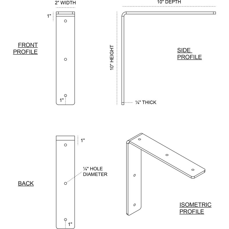 2"W x 10"D x 10"H Hamilton Steel Bracket, Stainless Steel, 10" H x 2" W x 10" D, Stainless Steel