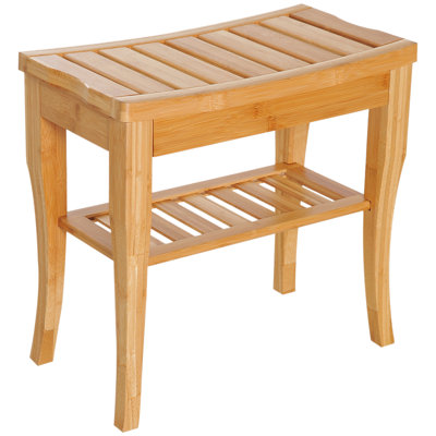 Long Bamboo Shower Bench Seat, 20" Wooden Spa Shower Stool With Underneath Storage Shelf Shoe Organizer