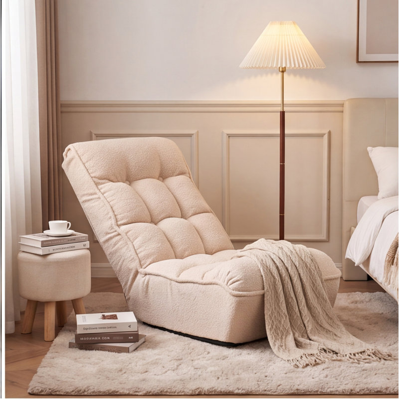 Chaise longue pliante de style japonais - Fauteuil inclinable réglable avec structure en métal, tissu doux, blanc