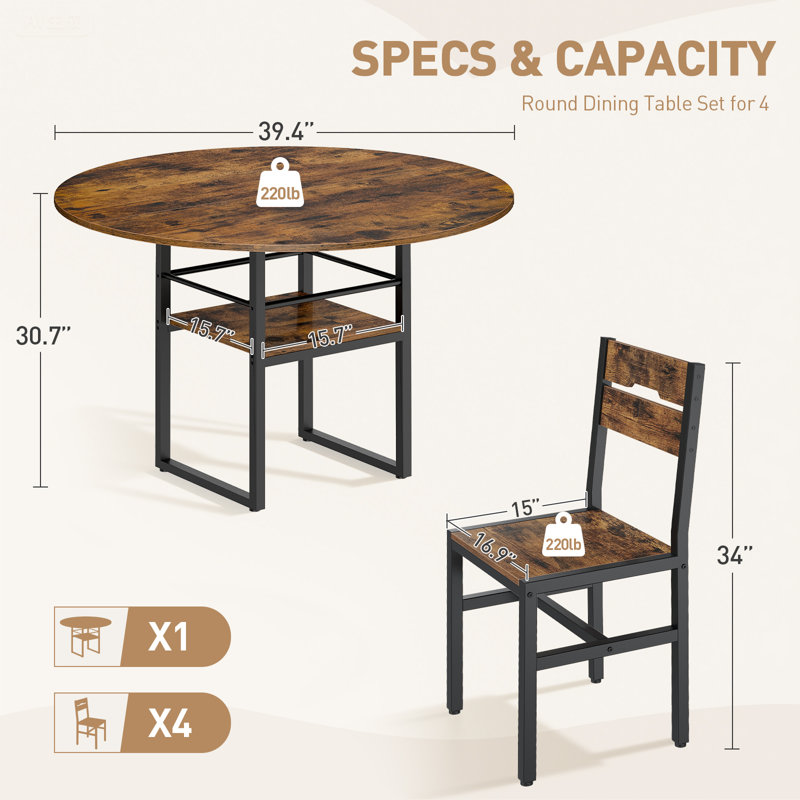 5 Pieces Dining Room Set 39.4" Round Dining Table Set for 4 Kitchen Table and Chairs