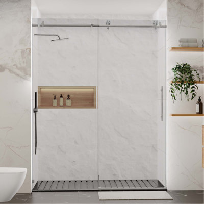 Porte de douche sans cadre, porte de douche coulissante l 56 à 60 po x H 76 po, avec cabine de douche en verre trempé épais de 5/16 po (8 mm) de qualité supérieure, avec tampon