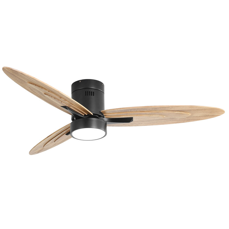 56 Inch Modern Design Flush Mount Ceiling Fan With Light And Remote Control, 3 Solid Wood Blades Reversible Dc Motor Black For Living Room