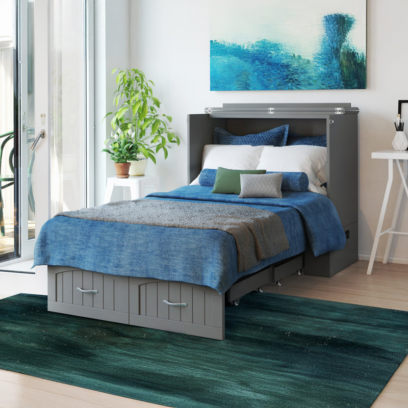 Fabiano Storage Murphy Bed with 6" Mattress, Storage and Built-in Charger, Gray, Twin XL