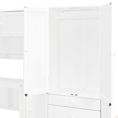 Lit plateforme simple en bois avec bureau, armoire, armoires, tiroirs et tablettes
