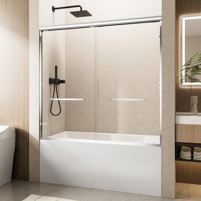 60W X 57H Soft-Close Double Sliding Bathtub Door, 1/4 Thick Tempered Glass, Dual Handles, , Reversible For Different Bathroom Configurations, Leakproof With L-Shaped Threshold 60" W 57" H Shower 1/4"