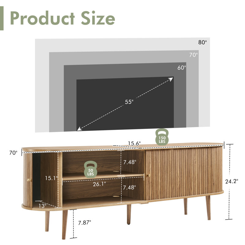 Baheerah TV Stand with Tambour Doors, Natural Wood, 24.2" H x 70" L x 15.5" W