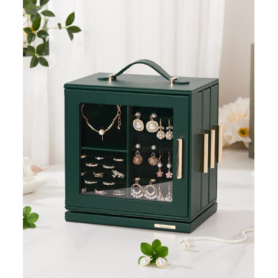 Organisateur de boîte à bijoux rotatif à 360 ° avec fenêtre transparente, miroir et 7 tiroirs - grand étui de rangement pour colliers, boucles d'oreilles, bagues et plus