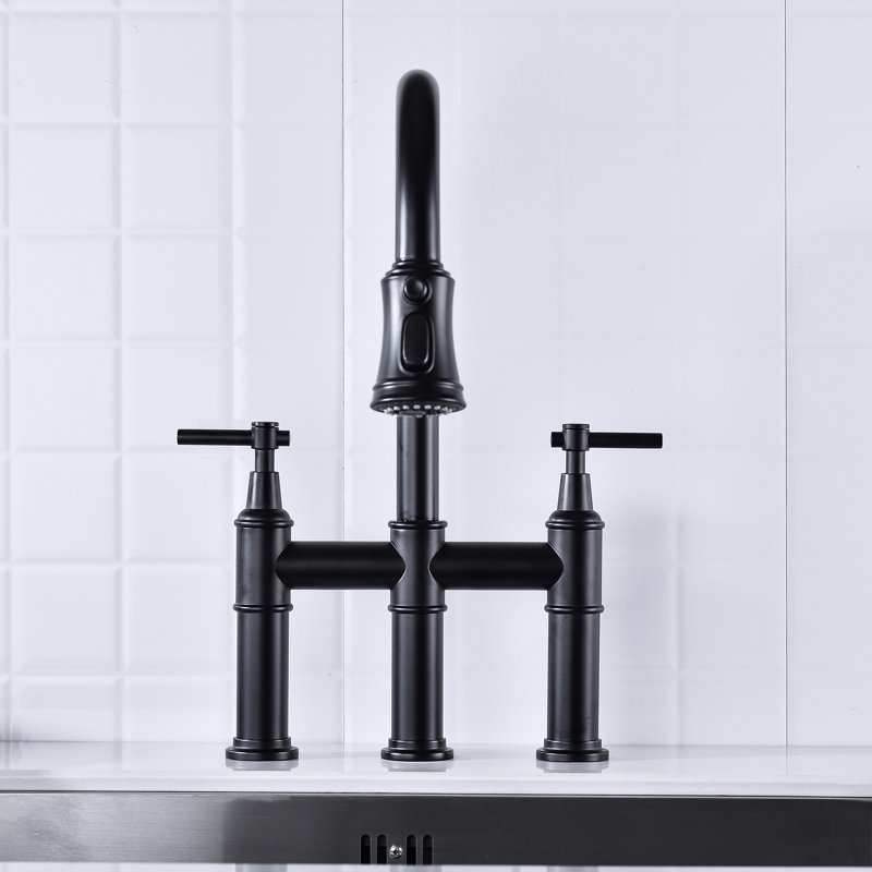 Matte Black Kitchen Faucet With Pull-Down - Dual Handle Control For Precise Flow And Temperature Adjustment 360-Degree Rotating High Nozzle Increased Cleaning Area Made Of Brass Materials Bridge