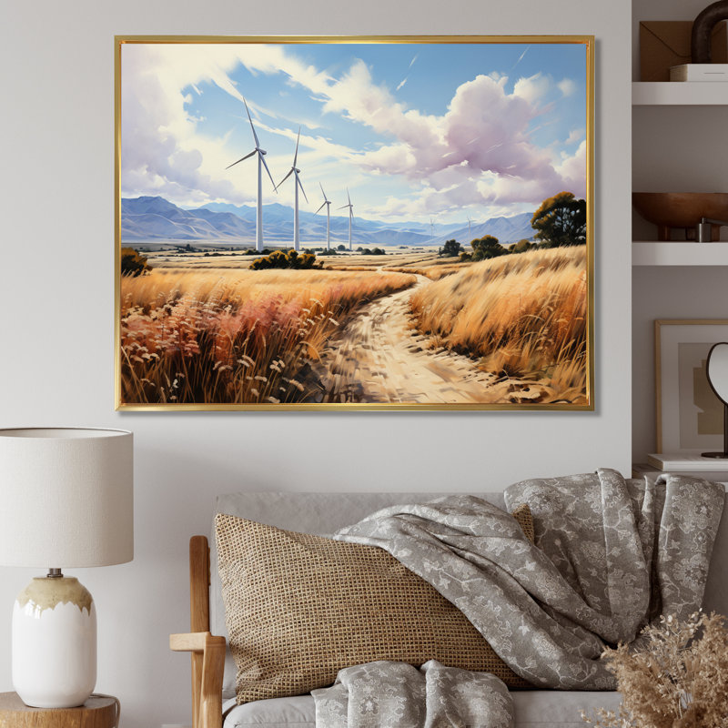Wind Turbines Sunlit Spin - reproduction sur toile, H 12 po x l 20 po x P 1 po, Cadre flottant doré