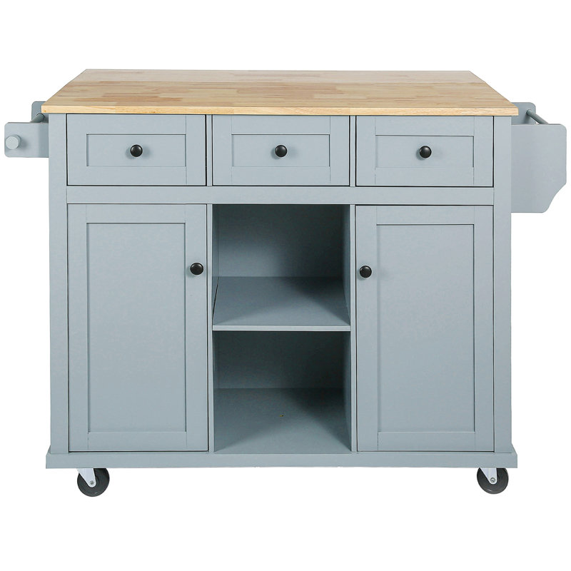 Kitchen Cart With Rubber Wood Drop-Leaf Countertop, Blue