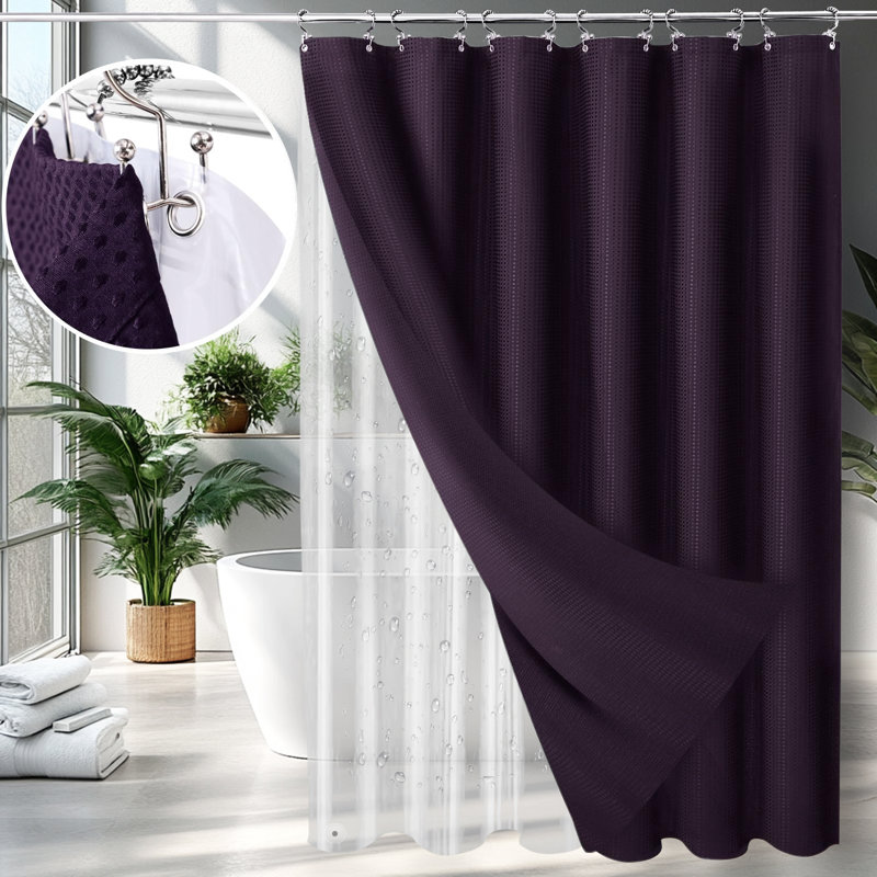 Ensemble de doublure de rideau de douche réversible imperméable 3 en 1 avec 12 crochets en acier inoxydable, Mauve