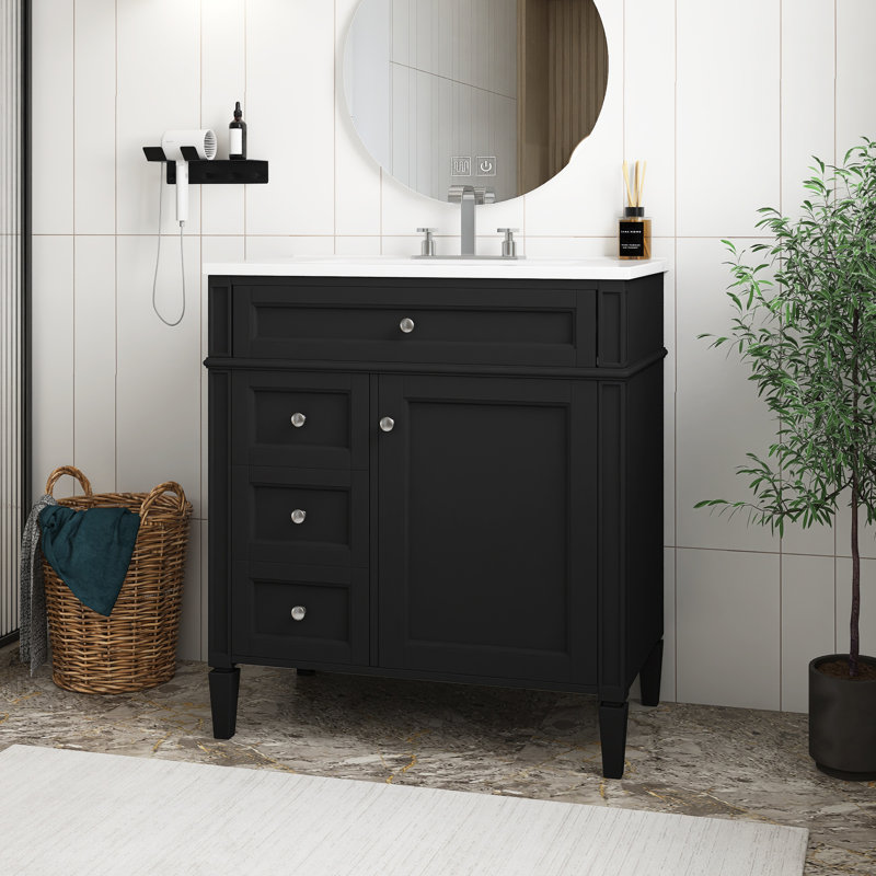 Meuble-lavabo noir avec lavabo supérieur, meuble-lavabo moderne avec 2 tiroirs et un tiroir basculant, meuble-lavabo simple