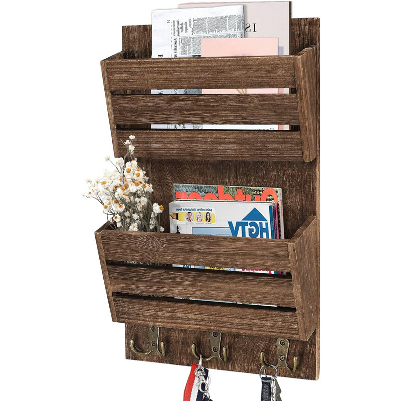 Mail Organizer With 4 Hooks, Wall Mount, Cedar Wood Key Holder, Brown