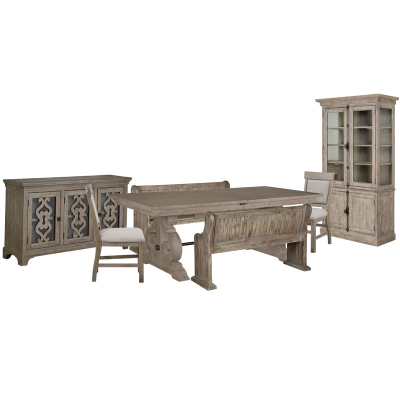 Extendable Rectangular Dining Table With 2 Benches 2 Upholstered Side Chairs Buffet And Dining Cabinet